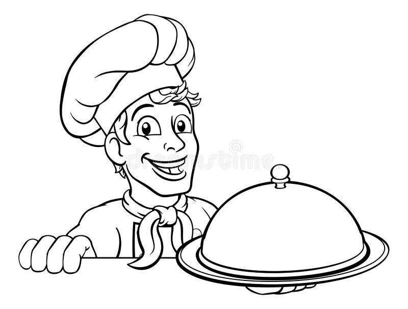 Chef Cook Baker Man Cartoon Holding Domed Tray Stock Vector - Illustration  of food, banner: 204570936