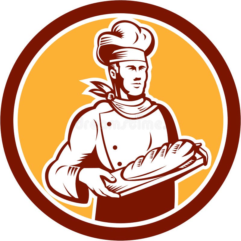 Chef Cook Holding Bread Woodcut Retro