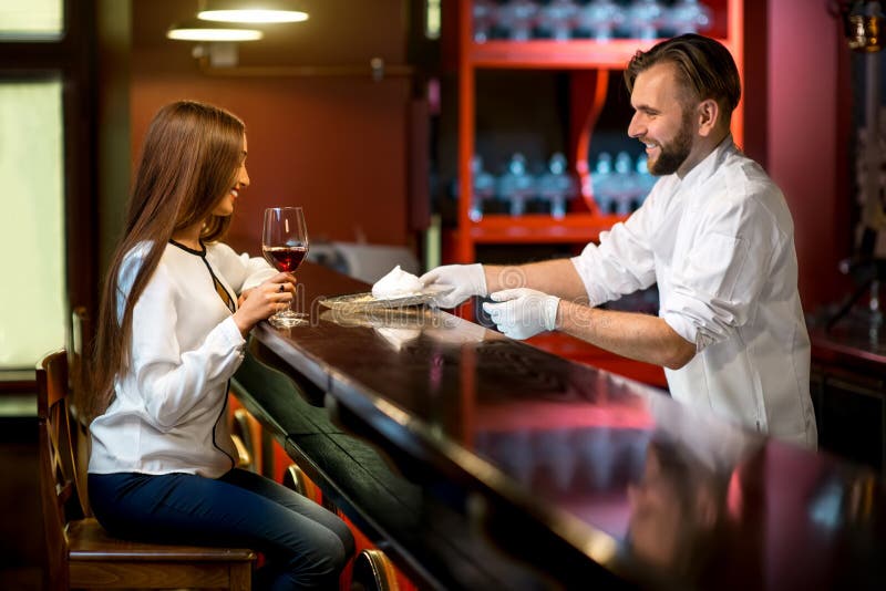 Chef Cook Serving Dessert To The Client Stock Photo Image Of Kitchen