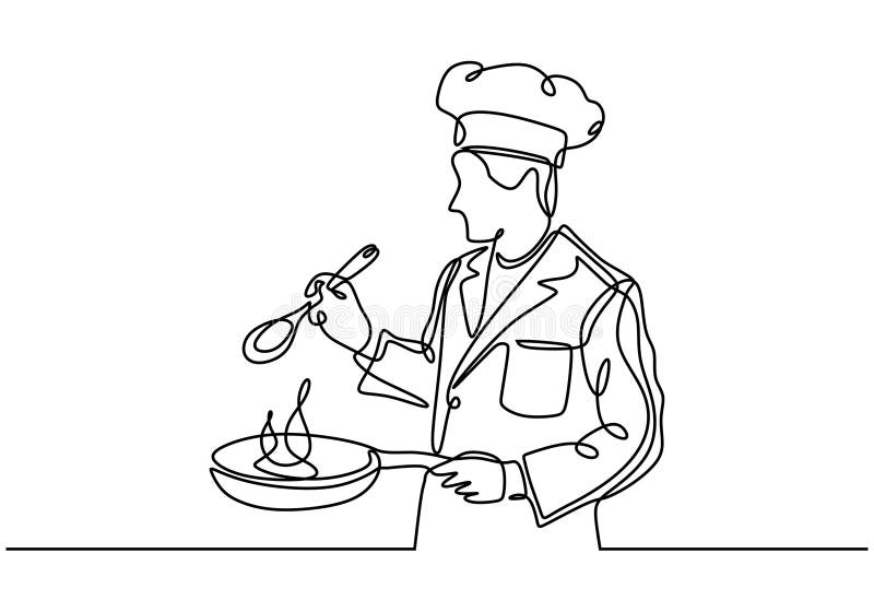 Chef cooking at kitchen with pan continuous line drawing. Vector illustration minimalist hand drawn royalty free illustration