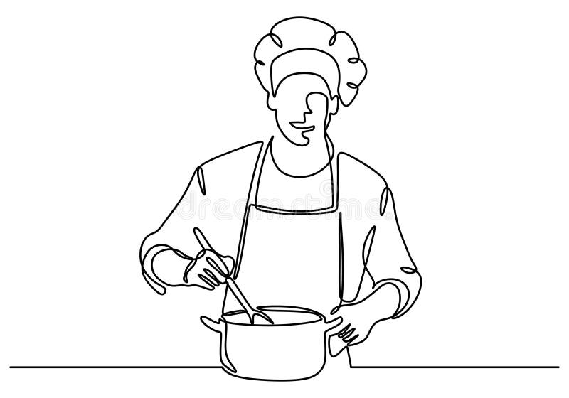 Chef cooking at kitchen with pan continuous line drawing. Vector illustration minimalist hand drawn stock illustration
