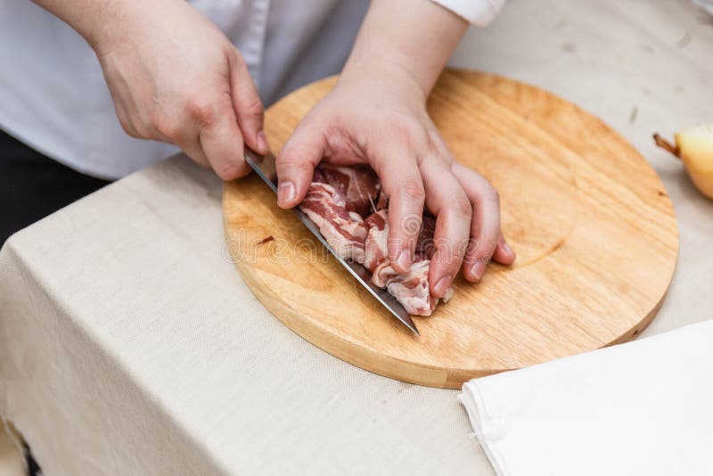 Chef Cutting Raw Meat on the Wood Block Stock Photo Image of portion