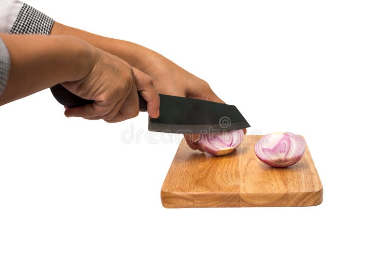 Chef Cutting Red Onion with a Knife on the Cutting Board Isolate Stock