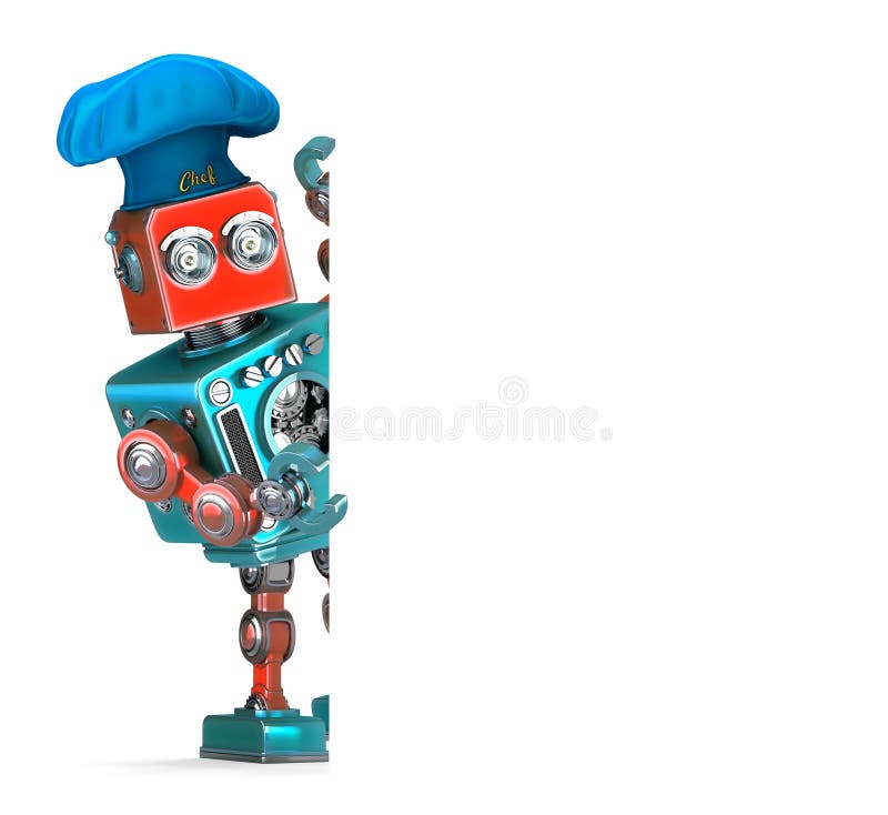 Chef de robot de vintage tenant la bannière blanche illustration 3D Isolat illustration stock Chef de robot de vintage tenant la bannière blanche illustration 3D Isolat illustration stock