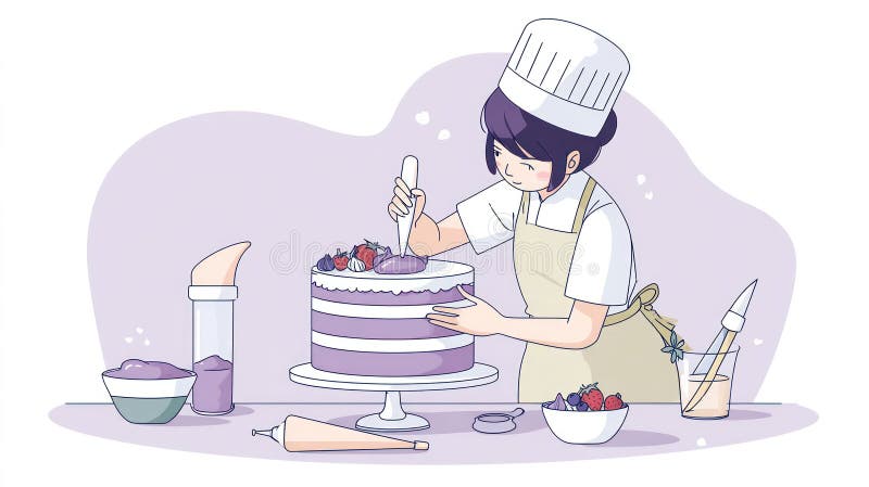 A chef is decorating a multi-layered cake in a pastry workshop vector illustration with white background and simple shapes. minimalist flat design style with pastel colors. the character has a small paper chef's hat and precise hands, dressed in a white tunic and a pale purple apron. there's a piping bag with frosting, a rotating cake stand, a small spatula, a bowl of fresh berries nearby. it. Frosting spatula illustrations