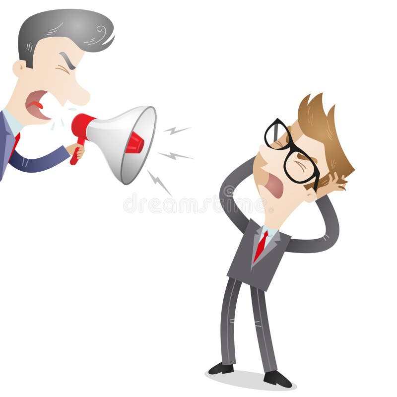 Vector illustration of a cartoon character: Boss yelling through megaphone at his frustrated employee. Vector illustration of a cartoon character: Boss yelling through megaphone at his frustrated employee.