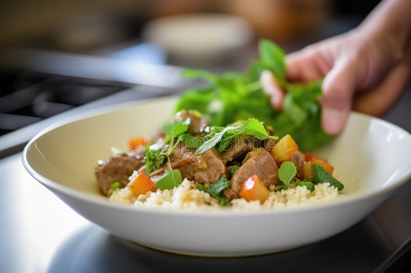 Chef Garnishing Lamb Tagine with Fresh Coriander Sprigs Stock Photo