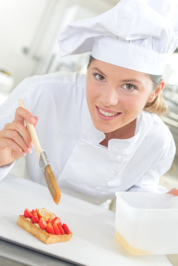 Chef Glazing Strawberry Tart Stock Photo Image of happy, food 119527624