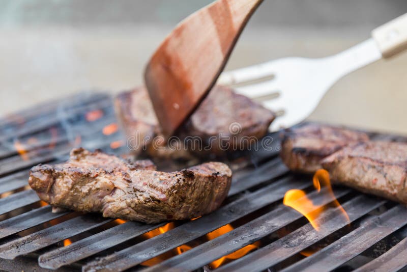 Chef Grilling Beef Steaks on Open Flame BBQ. Stock Image Image of burning, party 94317835