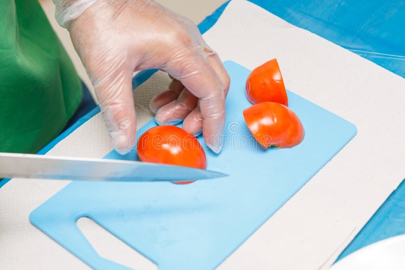 Chef Hand and Knife Slicing Tomato Stock Image - Image of mortar ...