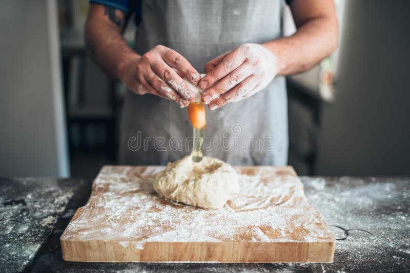 Chef Hands Mix Dough with Egg, Bread Preparation Stock Image Image of