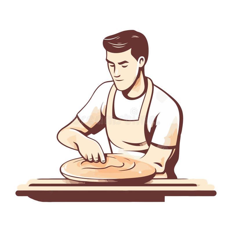 Chef Holding Pizza Cutting Plank in Kitchen Stock Vector Illustration