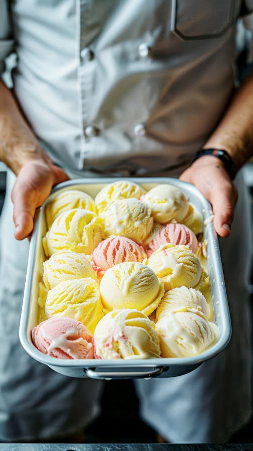 Chef Holding a Tray of Assorted Ice Cream Scoops in a Commercial