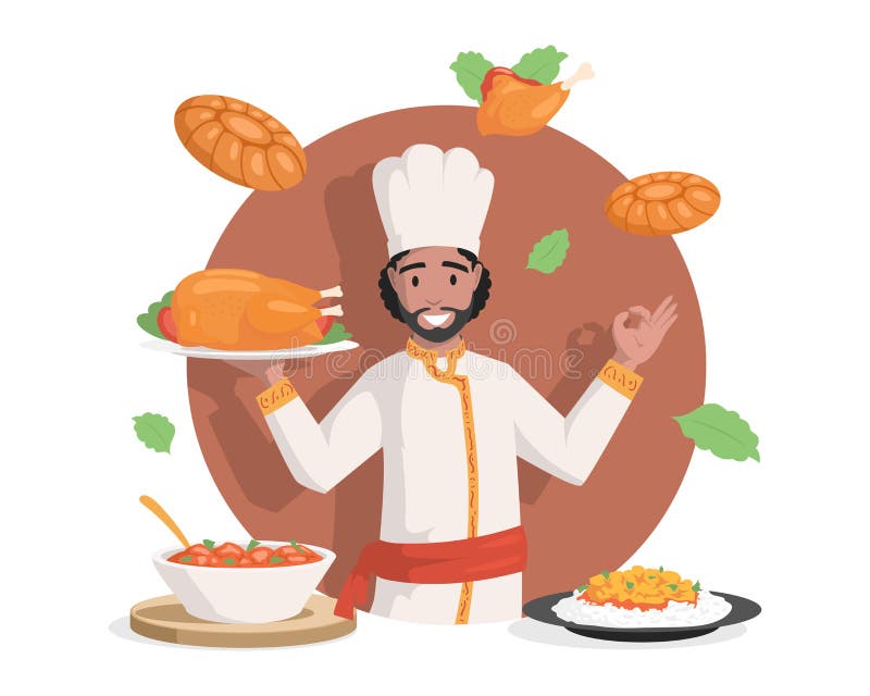 Chef in Indian Clothes Vector Flat Illustration. Tasty Delicious Indian Cuisine, Chicken Stew, Stuffed Chicken, Curry Stock Vector - Illustration of ingredient, flat: 224455490 Chef in Indian Clothes Vector Flat Illustration. Tasty Delicious Indian Cuisine, Chicken Stew, Stuffed Chicken, Curry Stock Vector - Illustration of ingredient, flat: 224455490