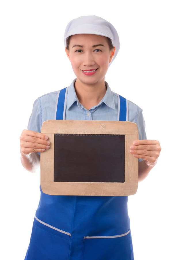 Chef-kok, huisvrouw die het lege bord van het menuteken of leeg teken tonen stock fotografie Chef-kok, huisvrouw die het lege bord van het menuteken of leeg teken tonen stock fotografie
