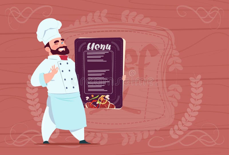 Chef-kokcook Holding Restaurant Menu Glimlachende Beeldverhaalleider in Witte Eenvormig over Houten Geweven Achtergrond vector illustratie Chef-kokcook Holding Restaurant Menu Glimlachende Beeldverhaalleider in Witte Eenvormig over Houten Geweven Achtergrond vector illustratie
