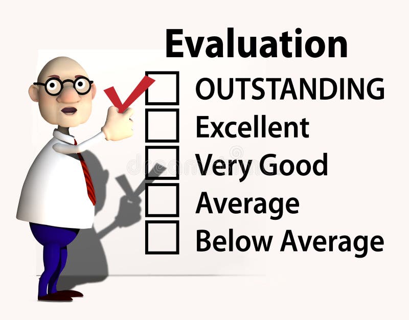 A cartoon boss or teacher puts a red check mark on a report card or evaluation for job performance. A cartoon boss or teacher puts a red check mark on a report card or evaluation for job performance.