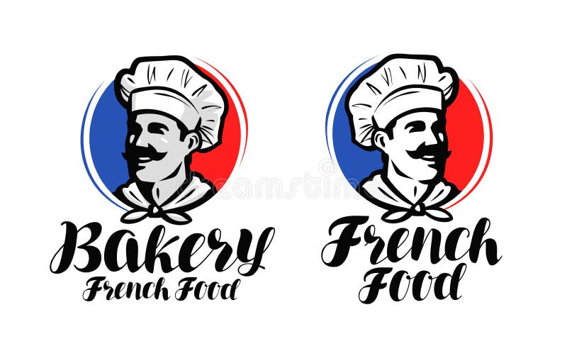 Chef, logo de cuisinier Nourriture française, symbole de boulangerie ou label Conception typographique d'illustration de vecteur illustration stock Chef, logo de cuisinier Nourriture française, symbole de boulangerie ou label Conception typographique d'illustration de vecteur illustration stock