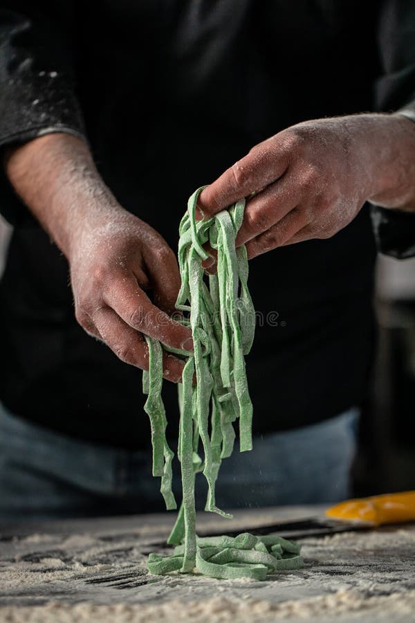 Chef Makes Fresh Spaghetti, Fettuccine or Tagliatelle. Cooking Process