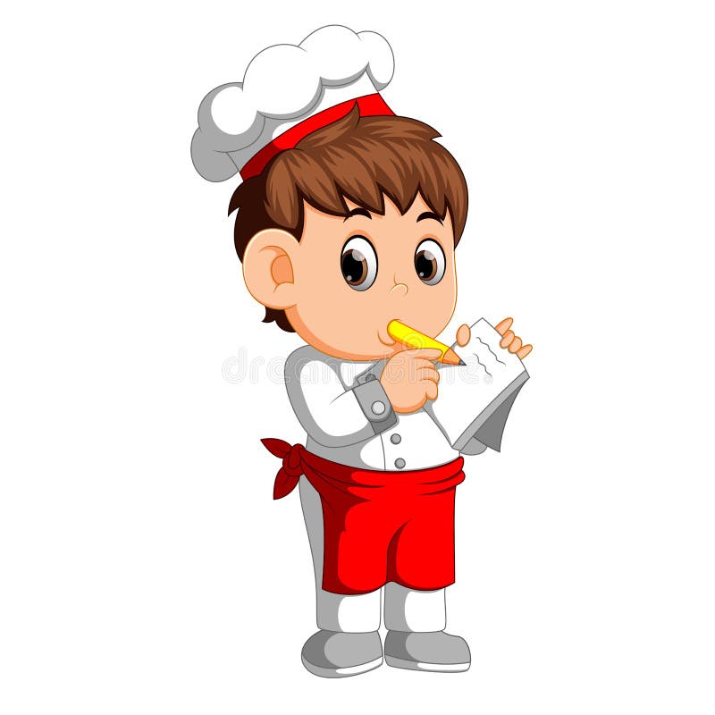 Chef notant la nouvelle recette au carnet illustration stock Chef notant la nouvelle recette au carnet illustration stock