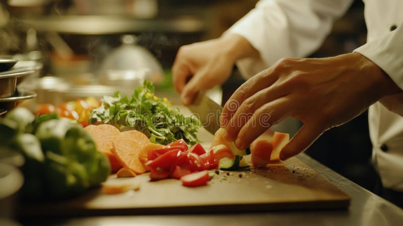 Chef picando con gran destreza verduras frescas en una tabla de madera ilustración del vector