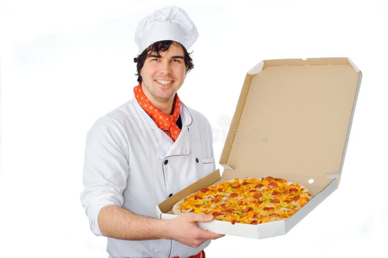 Male Chef Holding Pizza Box Open Stock Photo 103144337