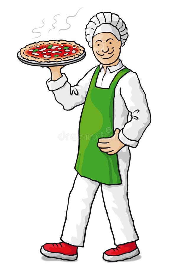Kuchár s pizza, kreslenie voľné ruky.