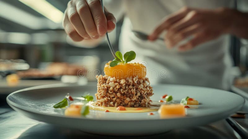 Chef Plate Elegant Yellow Dessert med Green Garnish vektor illustrationer