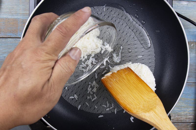 Chef Pouring Cooked Rice To the Pan Stock Photo Image of rice