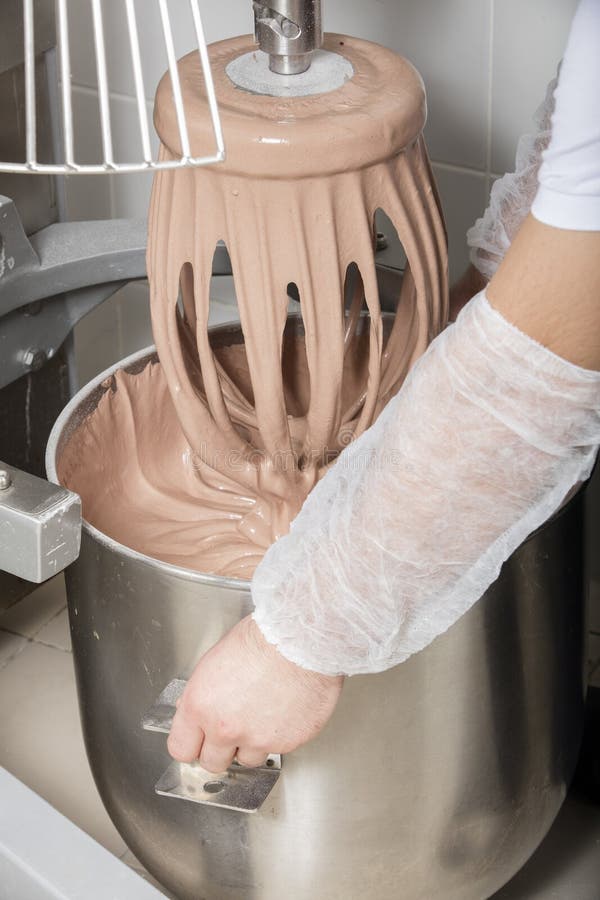 Chef is Preparing Cake Mix in Industrial Bread Mixer Kneading Machine