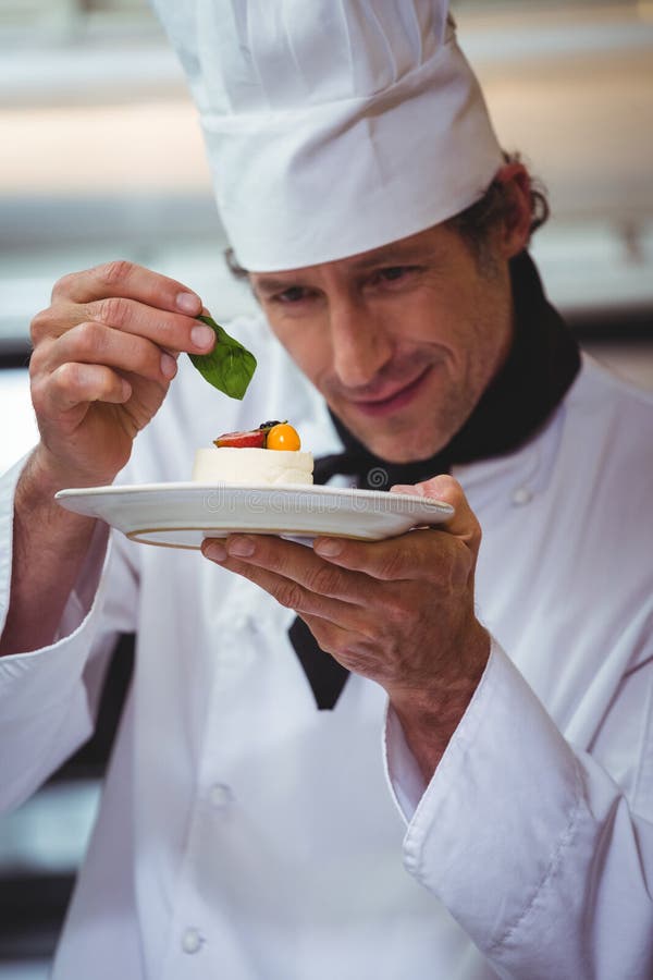 Chef Putting Chocolate Sauce on a Dessert Stock Image Image of food