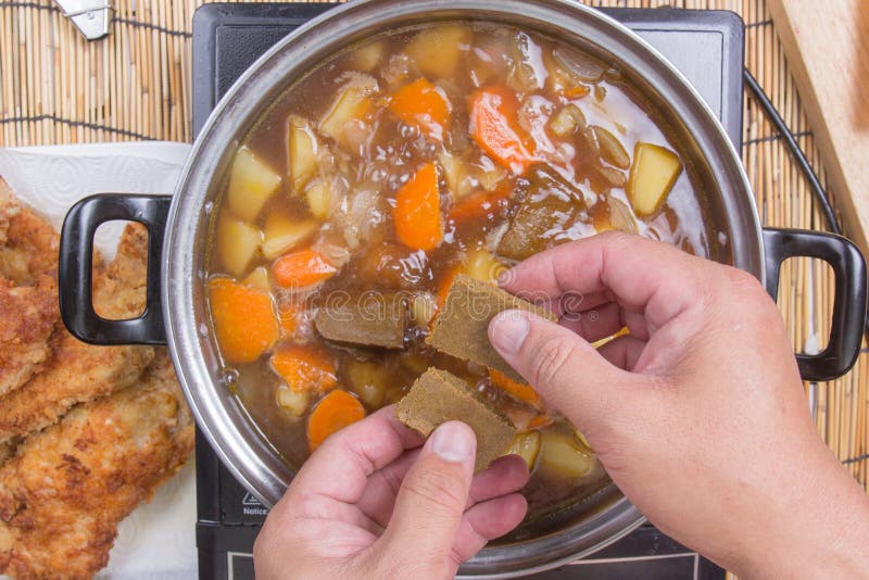 Chef Putting Japanese Curry Pasted for Cooking Stock Image - Image of