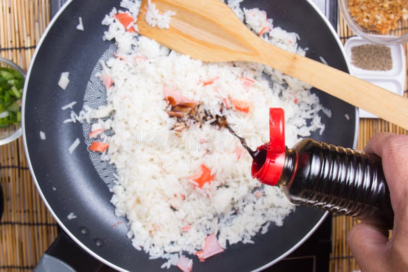Chef Putting Soy Sauce for Cooking Rice Stock Image - Image of organic