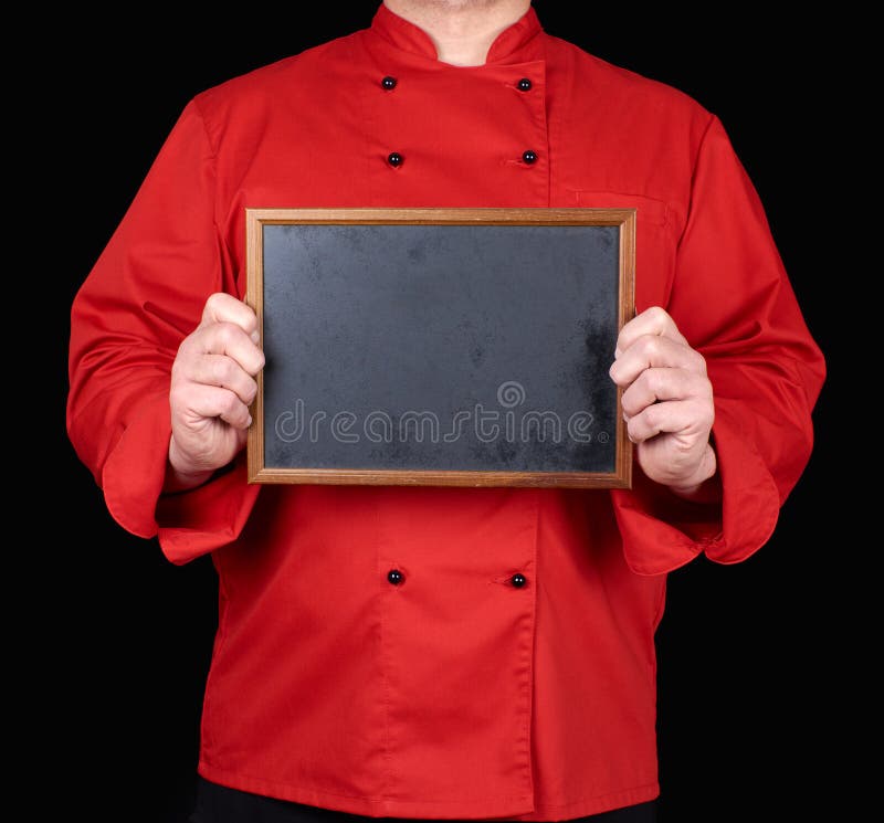 Chef in red uniform holding an empty wooden frame