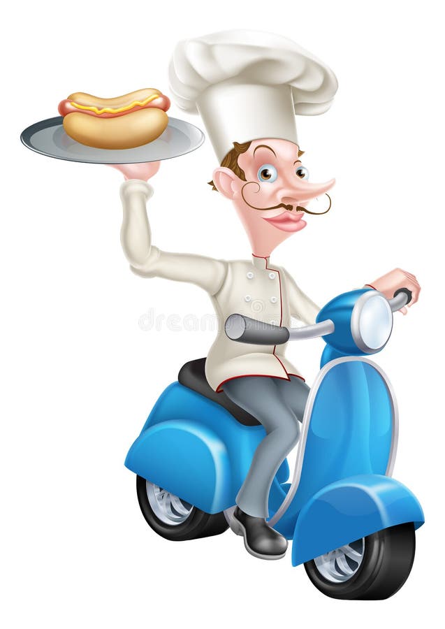 Chef on Scooter Moped Hot Dog Stock Vector Illustration of cook, long