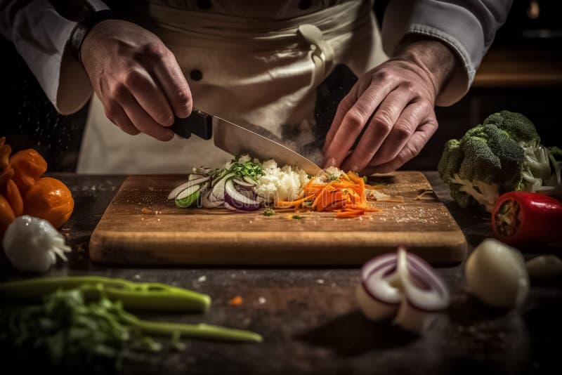 The Chef Slicing Vegetables. Chef Cutting in the Kitchen with Fresh Vegetables Stock