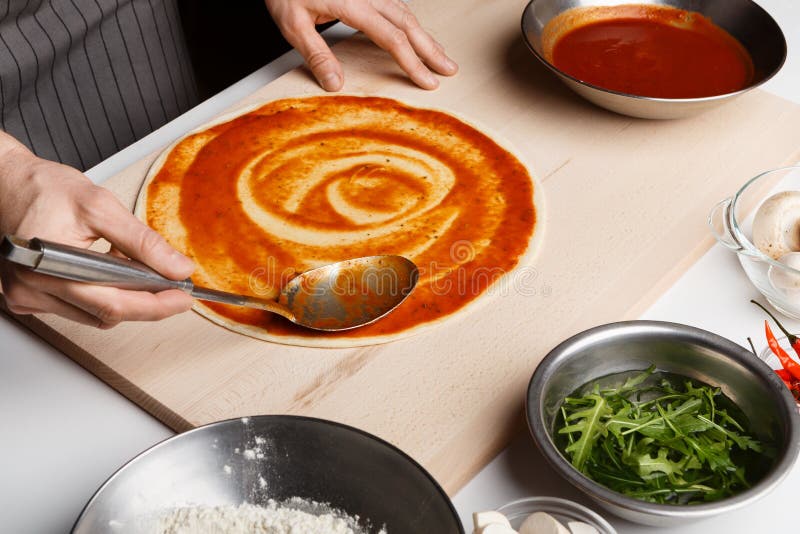 Chef Spreading Tomato Paste on Pizza Base Stock Image Image of meal