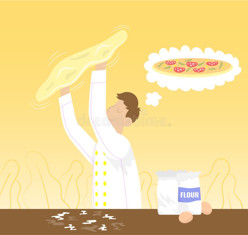 Chef thinking about pizza and preparing dough throwing up. Flat vector color cartoon icon stock illustration