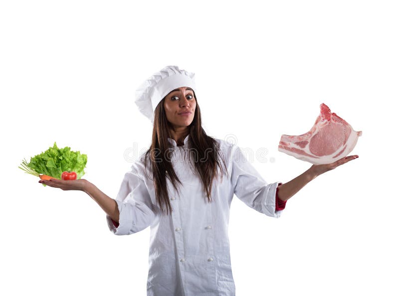Chef undecided between fresh salad or meat steak. concept of vegetarian stock image Chef undecided between fresh salad or meat steak. concept of vegetarian stock image