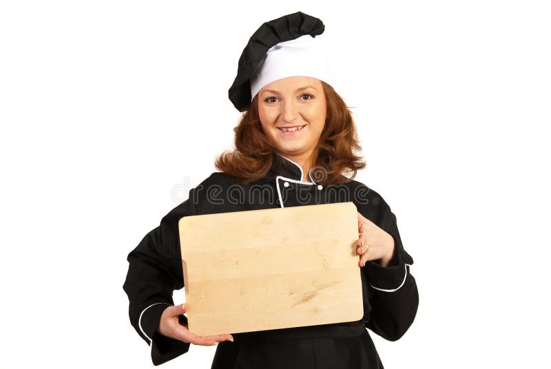 Chef Woman Showing Wooden Board Stock Image - Image of profession ...