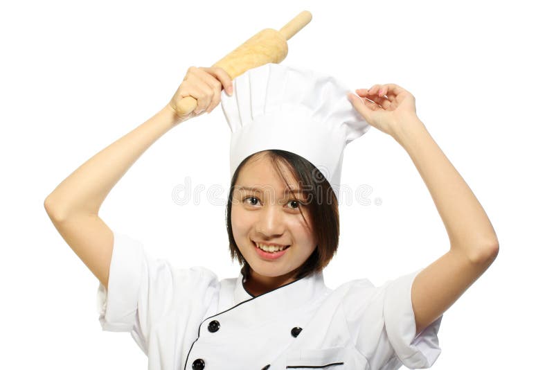 Chef woman smiling holding baking rolling pin