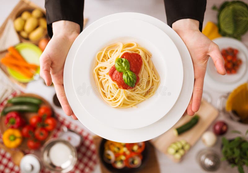 Chef at work cooking pasta stock image. Image of basil - 53156109