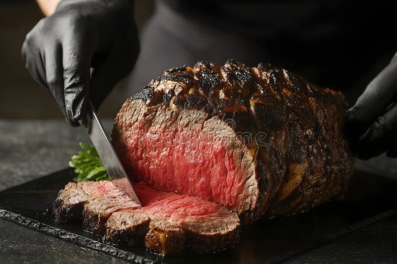 Chefkoch Schnitzwerk prima Rib Roast dunkle Hintergrund Restaurant Einstellung Lebensmittel Fotografie lizenzfreie abbildung