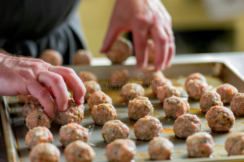 Bucătari modelând chiftele căptușite pe o foaie de copt royalty free stock photography