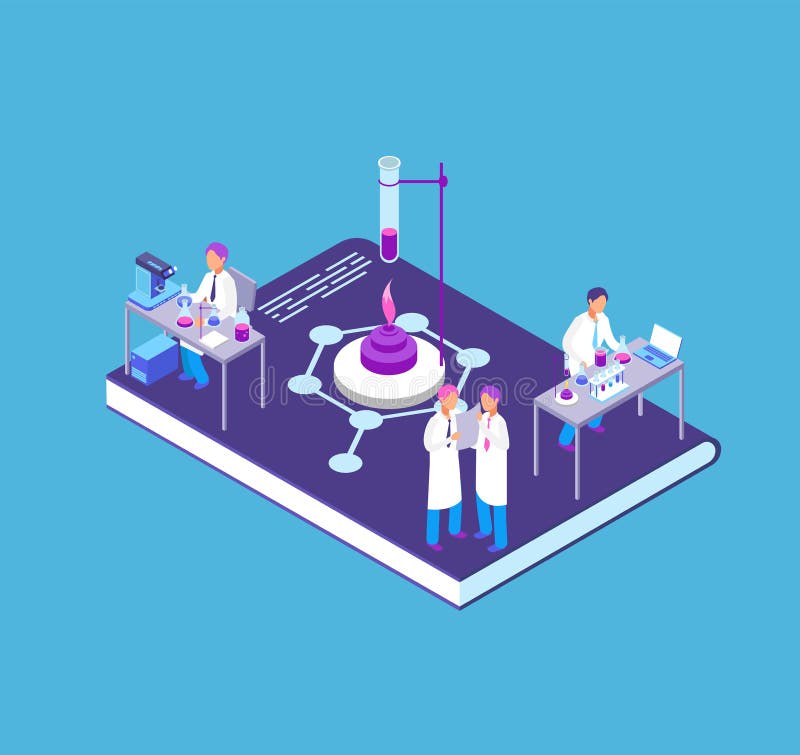 Chemia, środka farmaceutycznego 3d isometric pojęcie z chemicznym laboranckim wyposażeniem i ludzie badacza wektoru, royalty ilustracja Chemia, środka farmaceutycznego 3d isometric pojęcie z chemicznym laboranckim wyposażeniem i ludzie badacza wektoru, royalty ilustracja