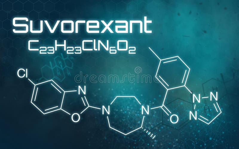 Chemical formula of Suvorexant on a futuristic background. Chemical formula of Suvorexant on a futuristic background