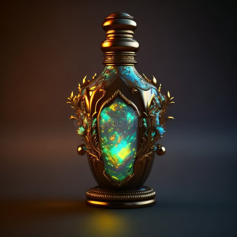 Chemical glass bottle filled with potion on dark background. Magic liquid concept. Generative AI