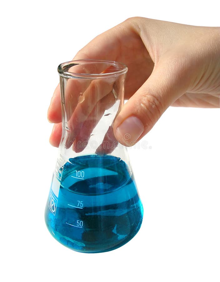 Chemical laboratory-hand holding flask with blue fluid