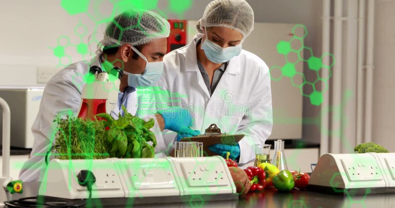 Chemical structures and data processing against make and female health workers working at laboratory royalty free stock photography
