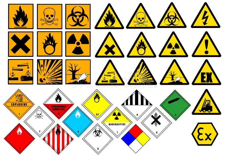 Vektor chemických symbolů nebezpečnosti a dopravní symboly na bílé.